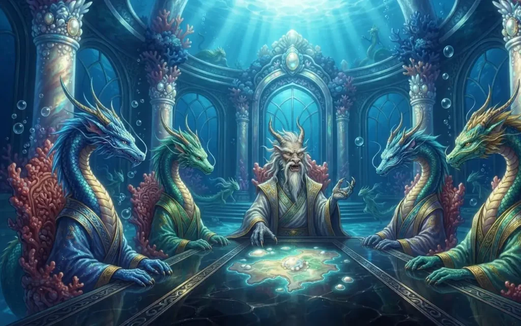 Dragon rulers meeting inside an underwater court.