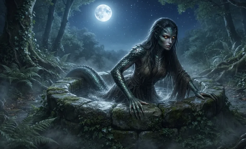 Dragon woman rising from a mysterious village well.