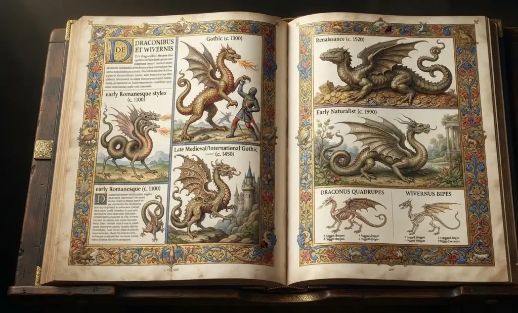 Historical artwork showing different dragon forms.