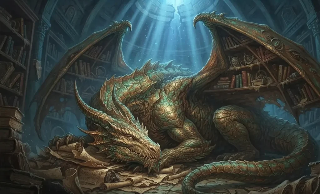 Wise dragon guarding an ancient library.