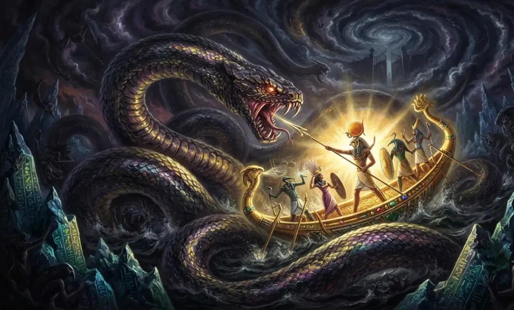 Apep attacking Ra's solar boat during the night.