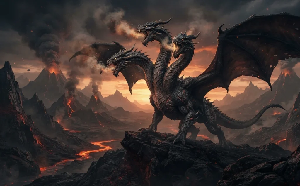 Three-headed dragon Aži Dahāka in a volcanic landscape.