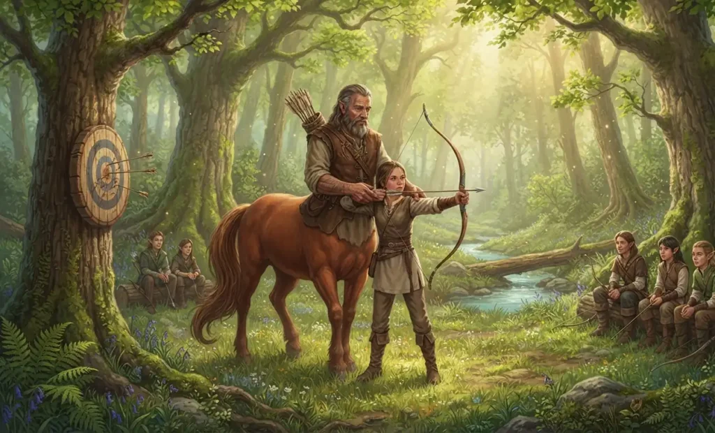 Centaur holding a bow in a forest.