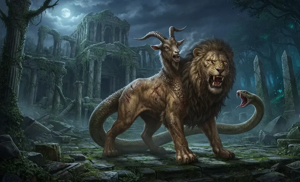Chimera showing lion, goat, and serpent anatomy.