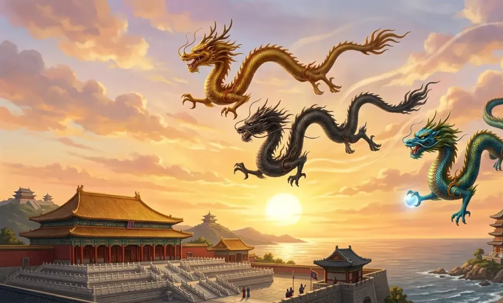 Three East Asian dragons soaring together above the clouds.