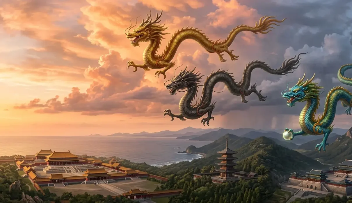 Chinese, Japanese, and Korean dragons shown together for comparison.