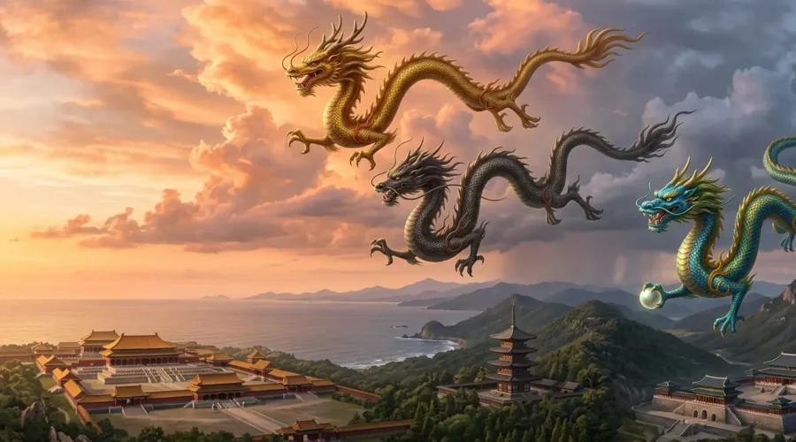 Chinese, Japanese, and Korean dragons shown together for comparison.