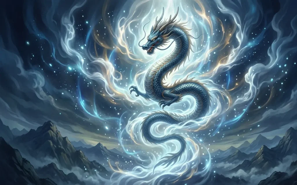 Dragon ascending through mystical energy rather than wings.