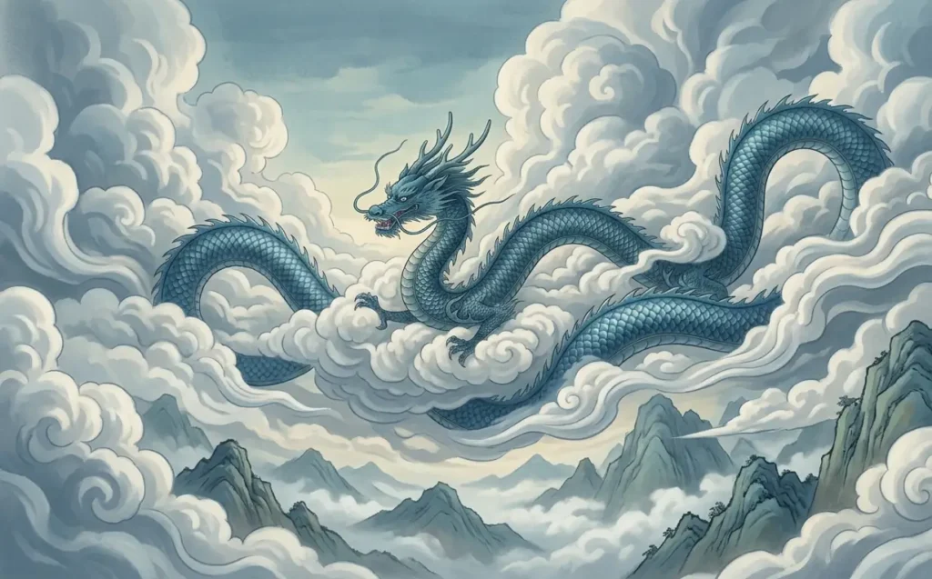 Dragon traveling by riding and controlling clouds.