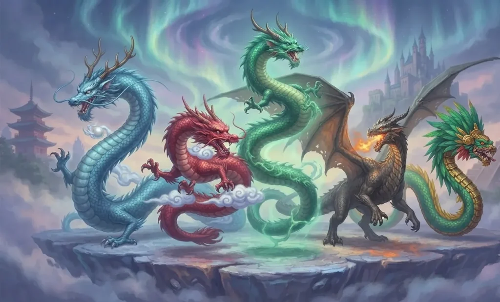 Dragon traditions from different civilizations compared visually.