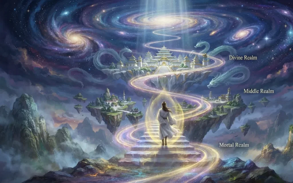 Cultivator climbing from the mortal world toward divinity.