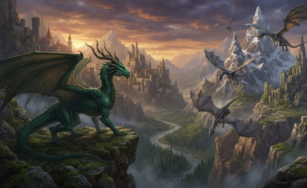 Modern fantasy dragons and wyverns shown in separate styles.