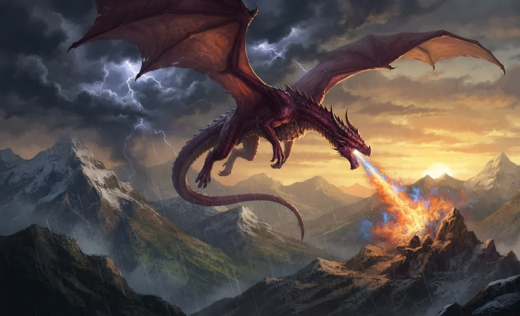 Dragon flying over mountains with outstretched wings.