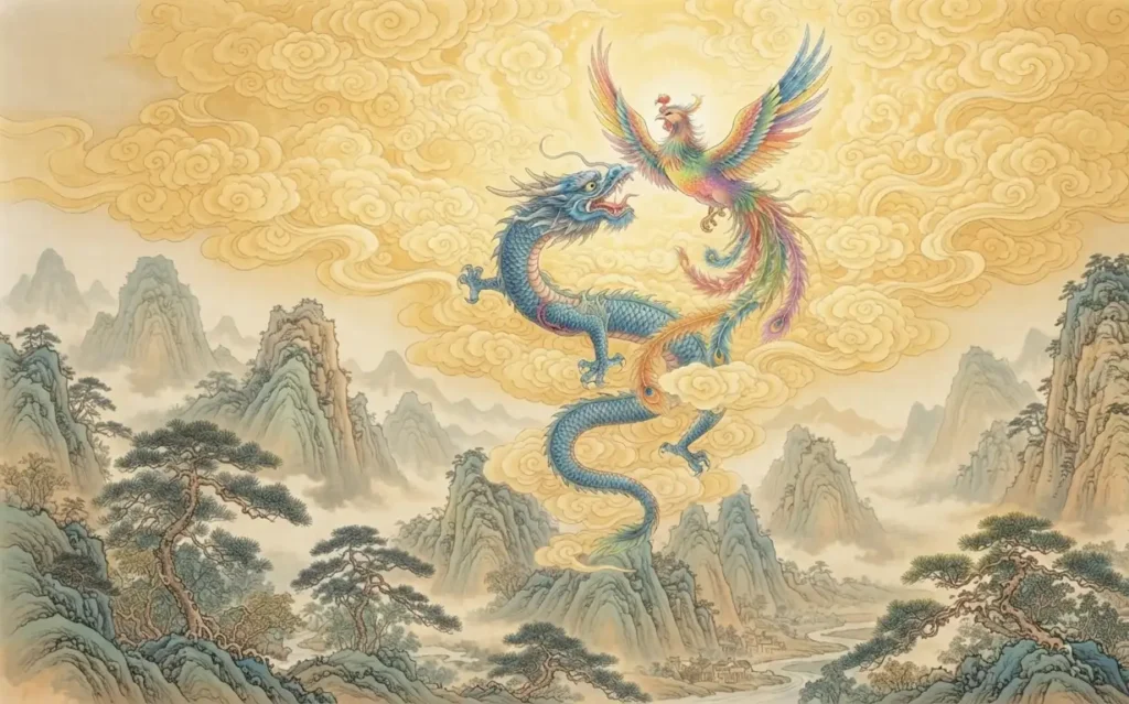 Dragon and Fenghuang rising together into the sky.