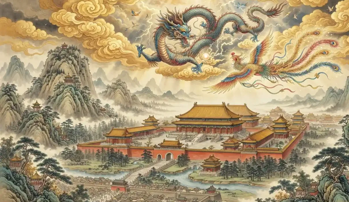 Dragon & Phoenix - Chinese dragon and Fenghuang flying together above an imperial palace.