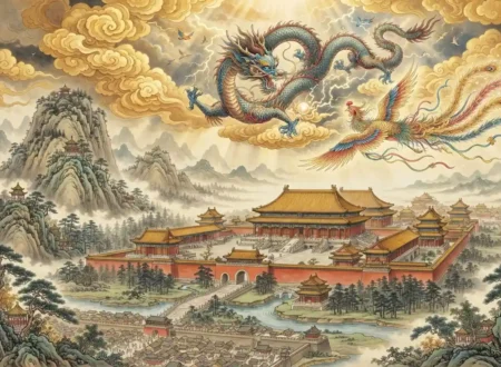 Dragon & Phoenix - Chinese dragon and Fenghuang flying together above an imperial palace.