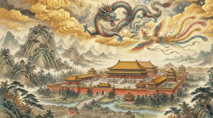 Dragon & Phoenix - Chinese dragon and Fenghuang flying together above an imperial palace.
