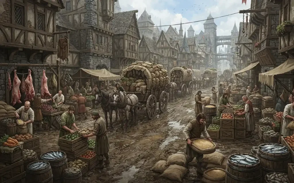 Everyday life unfolding in a thriving fantasy city.