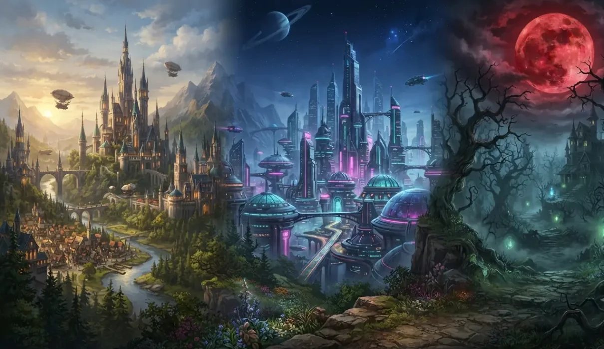 Fantasy vs Sci-fi vs Horror worlds shown side by side.