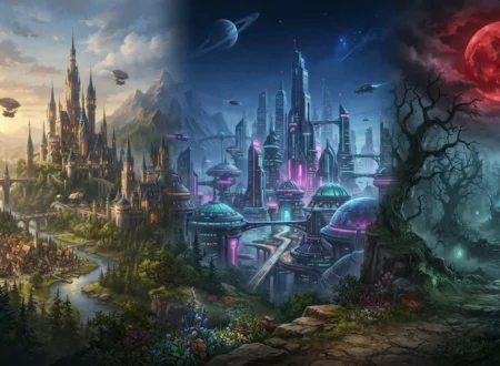 Fantasy vs Sci-fi vs Horror worlds shown side by side.