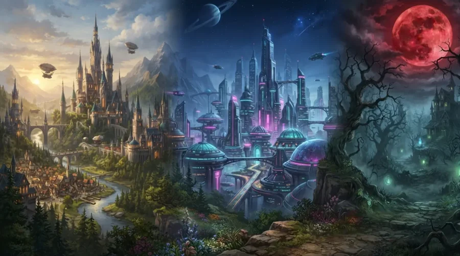 Fantasy vs Sci-fi vs Horror worlds shown side by side.