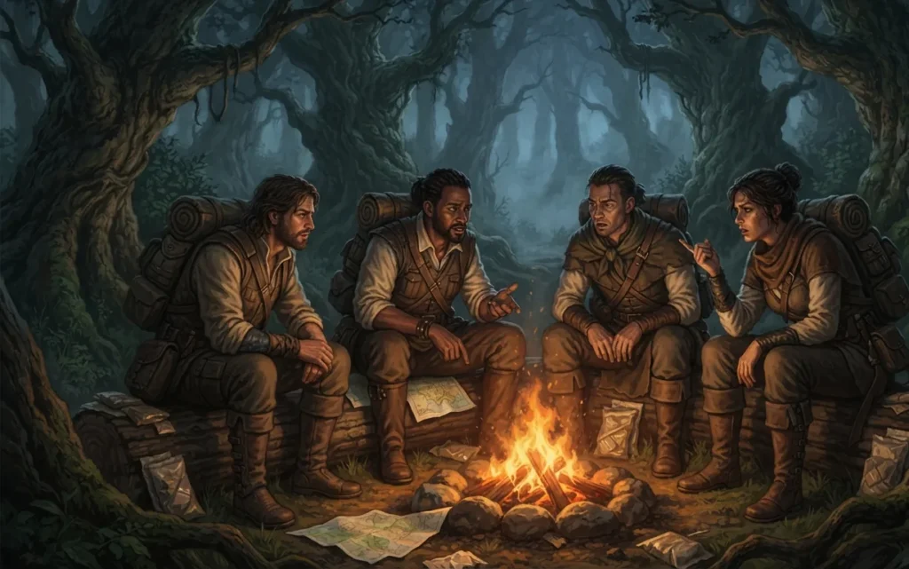 Fantasy companions discussing a difficult moral choice.