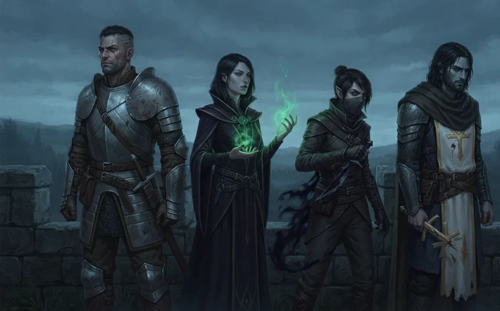 Four morally gray fantasy characters standing together.