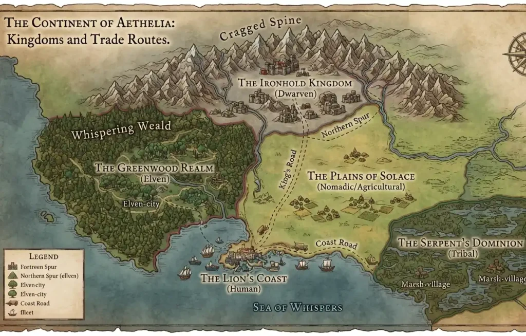 Fantasy landscape with geography and trade networks.