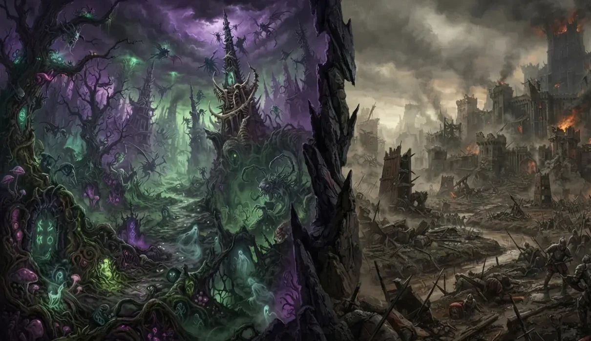 Grimdark vs Dark fantasy - Dark fantasy and grimdark worlds shown side by side.