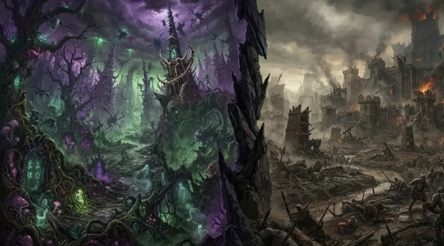 Grimdark vs Dark fantasy - Dark fantasy and grimdark worlds shown side by side.