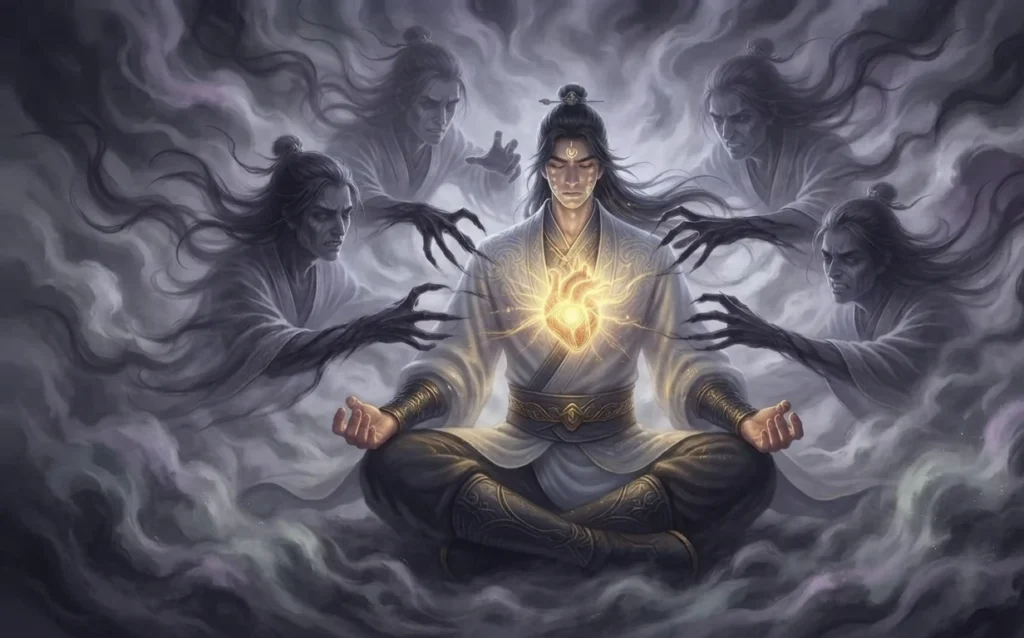 Cultivator battling inner demons in a mental tribulation.
