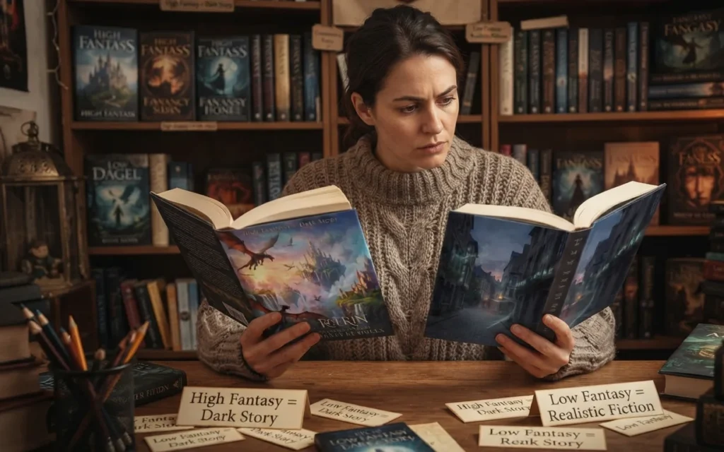 Reader examining misconceptions about fantasy genres.