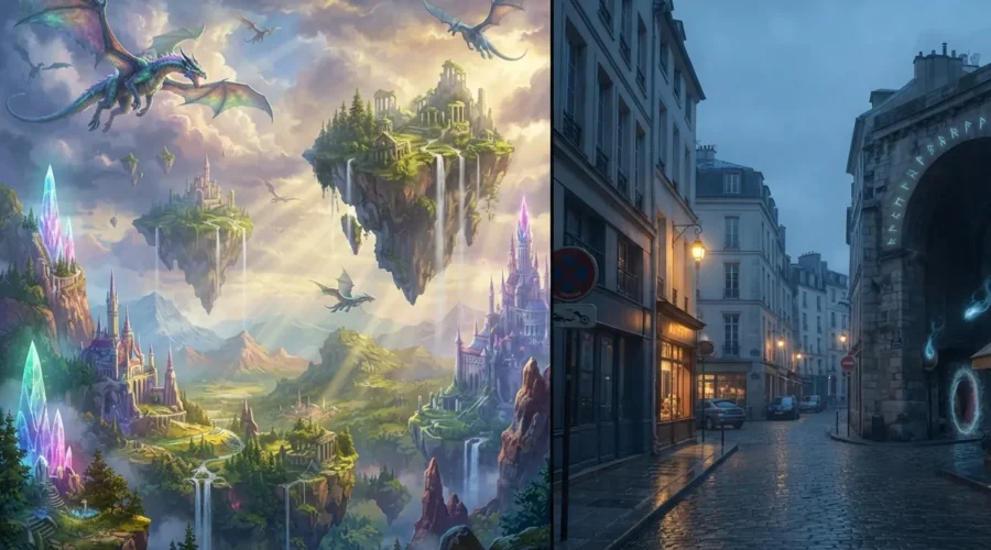 High fantasy vs low fantasy worlds shown side by side.