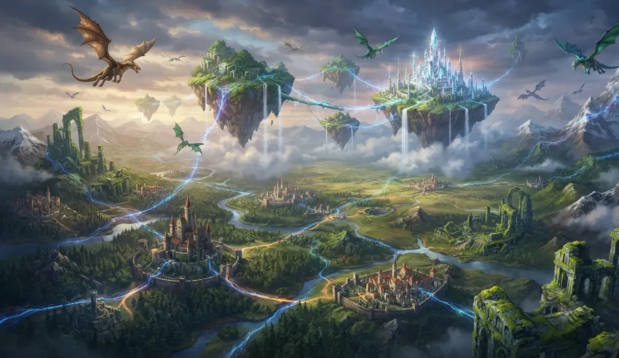 Detailed fantasy world showing diverse landscapes and civilizations.