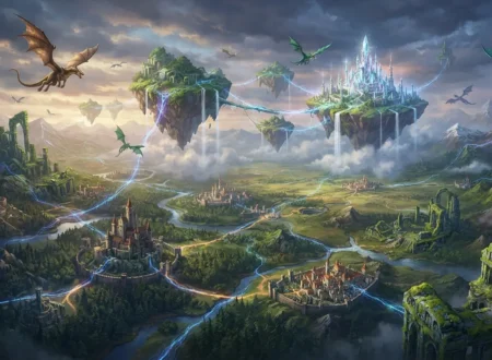 Detailed fantasy world showing diverse landscapes and civilizations.