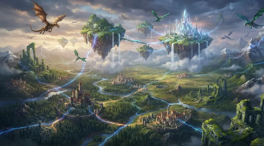 Detailed fantasy world showing diverse landscapes and civilizations.