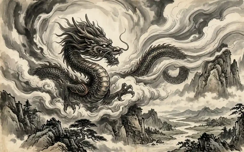 Classical artwork depicting a wingless dragon in motion.