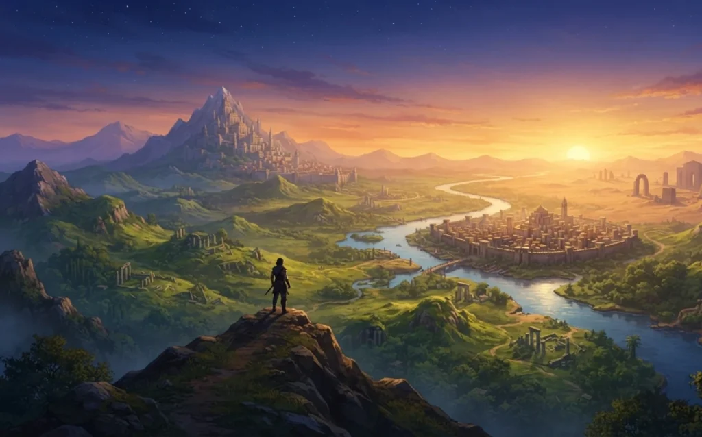 Adventurer exploring a believable fantasy landscape.