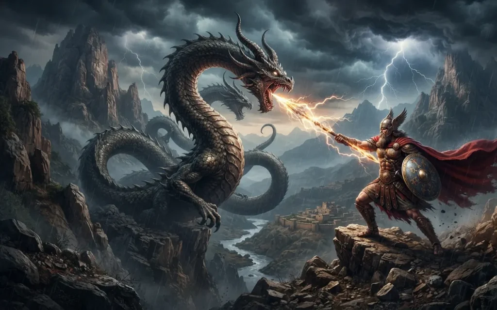 Storm god battling the dragon Illuyanka.