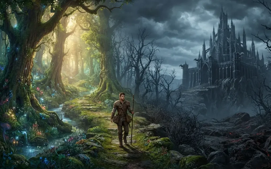 Hero approaching the border between fantasy and horror.