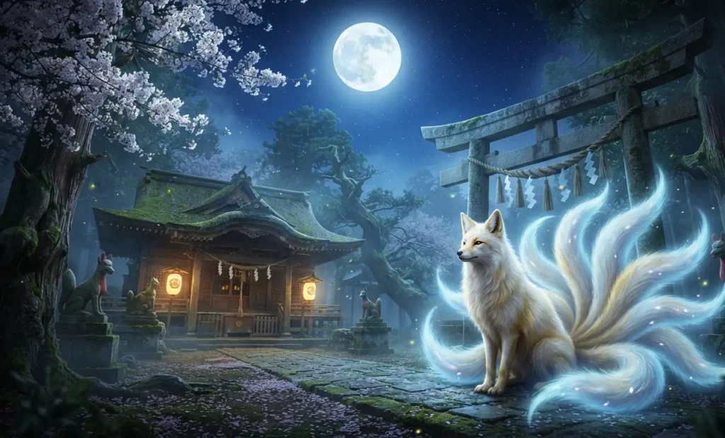 Kitsune with multiple tails near a traditional shrine.