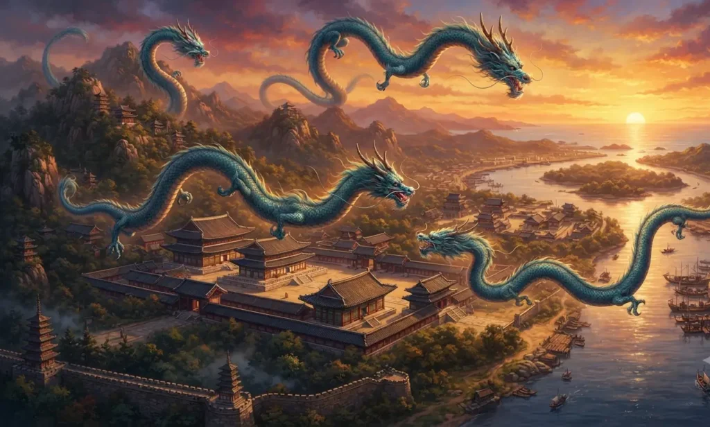 Korean dragons flying above Korea's legendary landscapes.