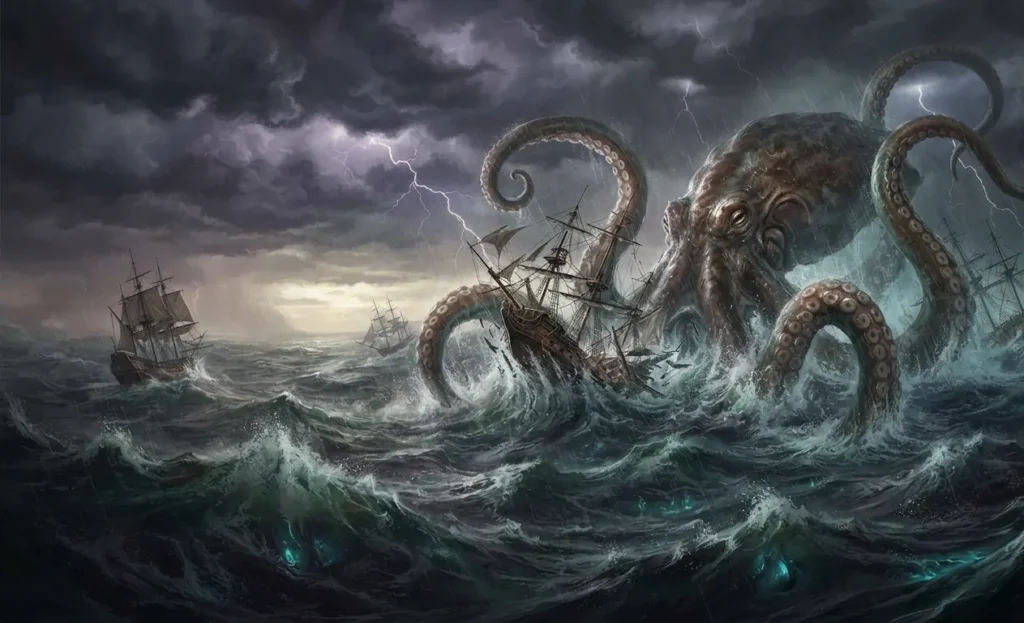 Giant kraken attacking ships in rough seas.