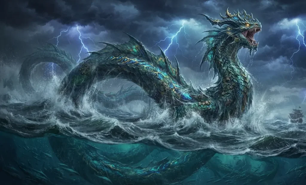 Leviathan rising from a stormy sea.