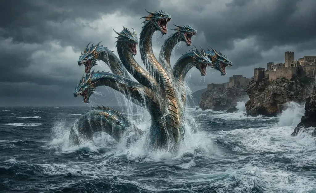 Seven-headed dragon Lotan emerging from the sea.