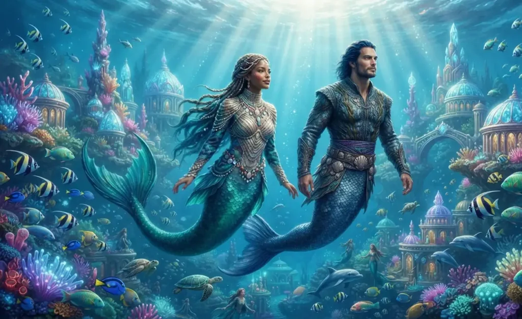 Merfolk exploring a colorful underwater world.
