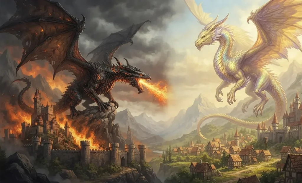 Benevolent and fearsome dragons shown together.