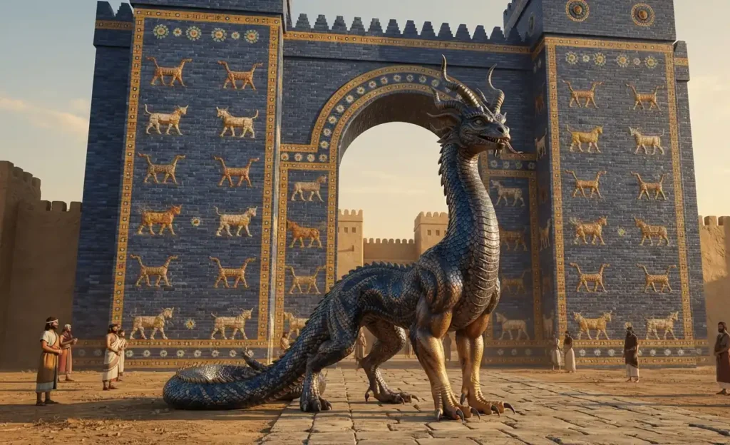 Mušḫuššu standing before the Ishtar Gate.