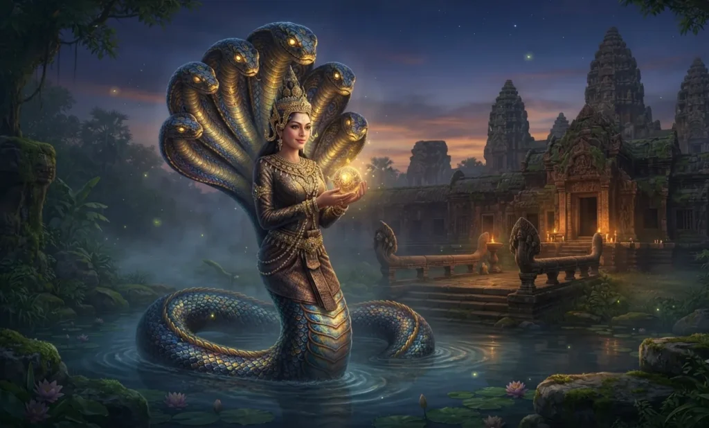 Naga with a serpent body protecting a sacred site.