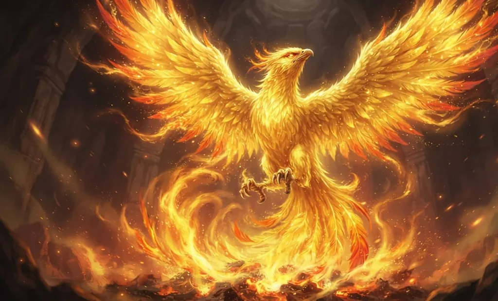 Phoenix emerging from flames with glowing wings.